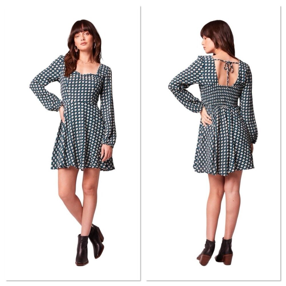 B.O.G. Band Of The Free Womens Genevieve Teal Diamond Long Sleeve Mini Dress S